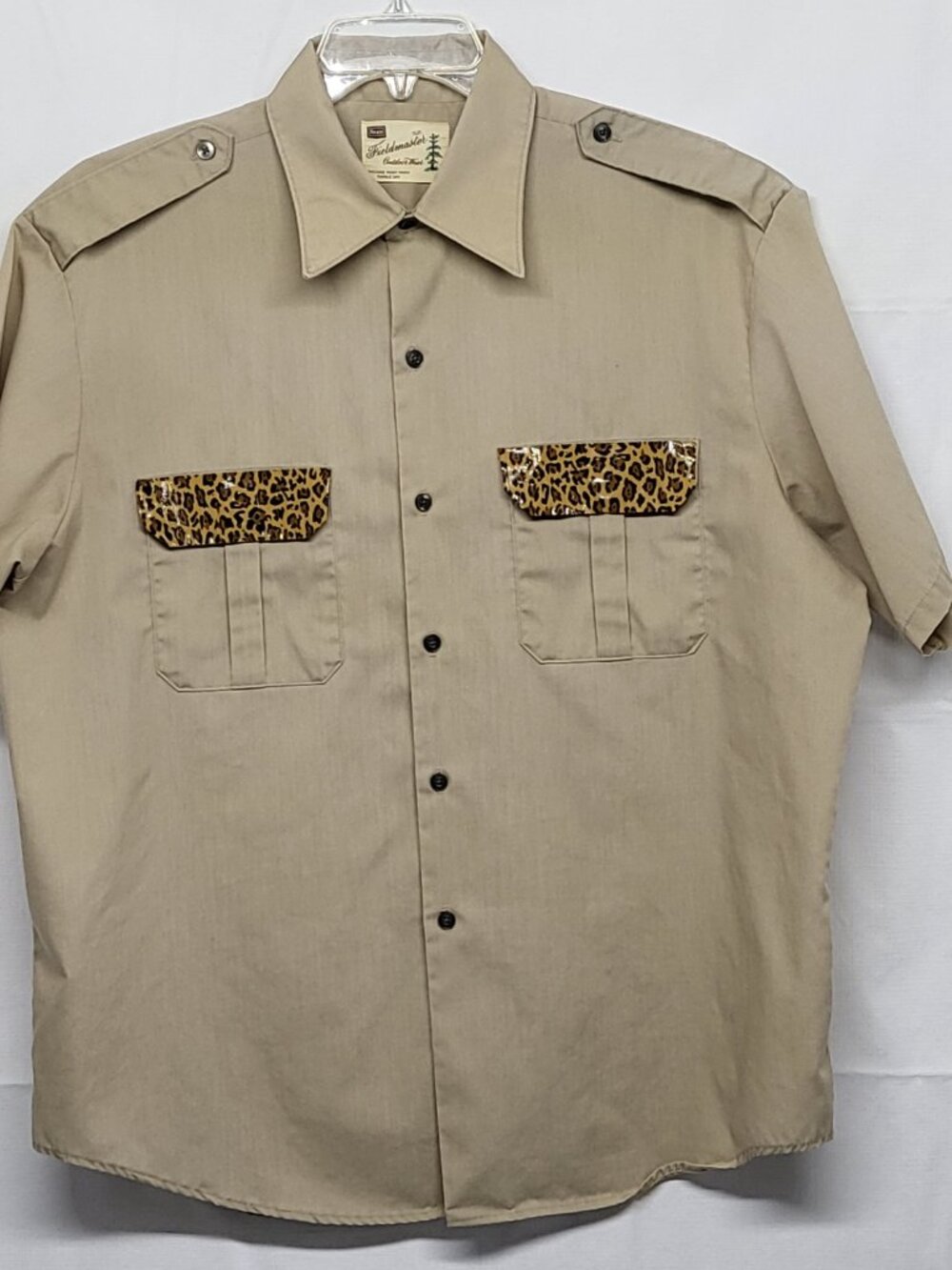 Vintage Sears Fieldmaster Mens Shirt XL 17-17.5 Safari Camp Short Sleeve Leopard
